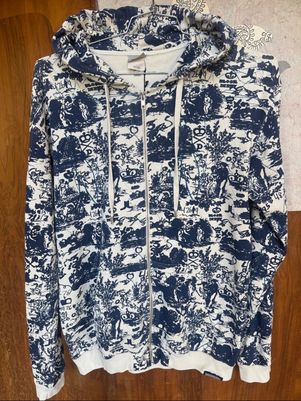 Wesc Navy and White Zip-Up Hoodie Sweater Large